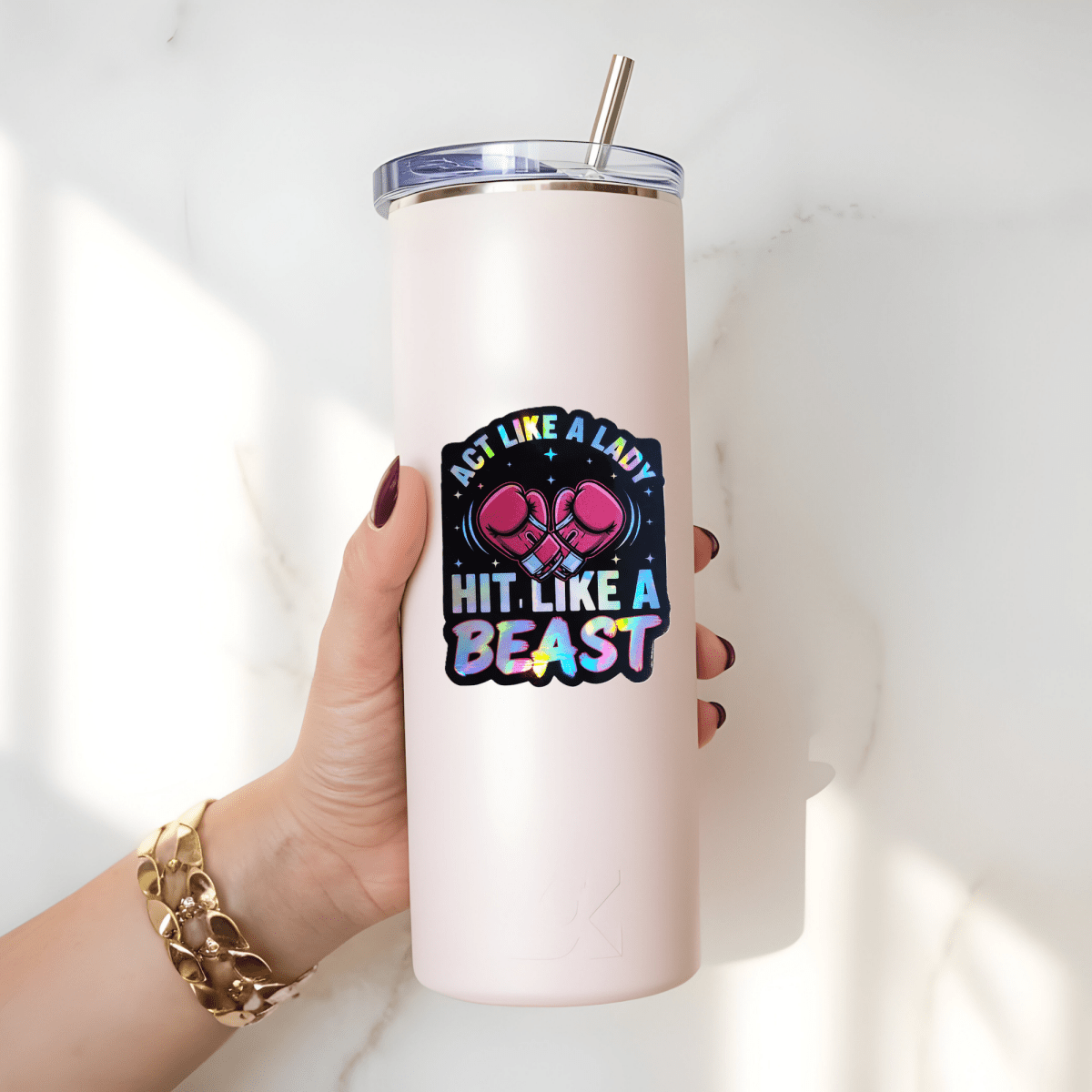 Act Like a Lady Hit Like a Beast Holographic Sticker β Sports Motivation Women Boxing Decal, Girl Power Gym Sticker - KWL Creations