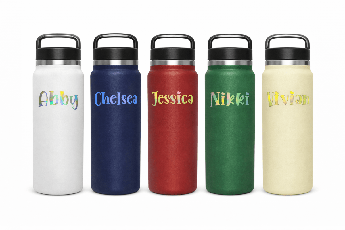 Five insulated water bottles in different colors with personalized names on a white background
