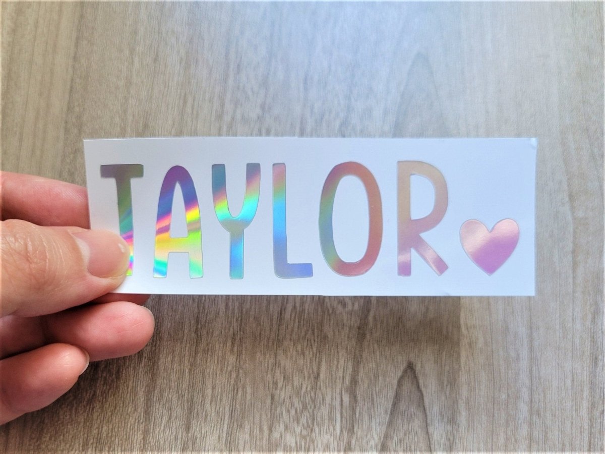 Holographic Name Decal: Custom Text, With Heart - KWL Creations