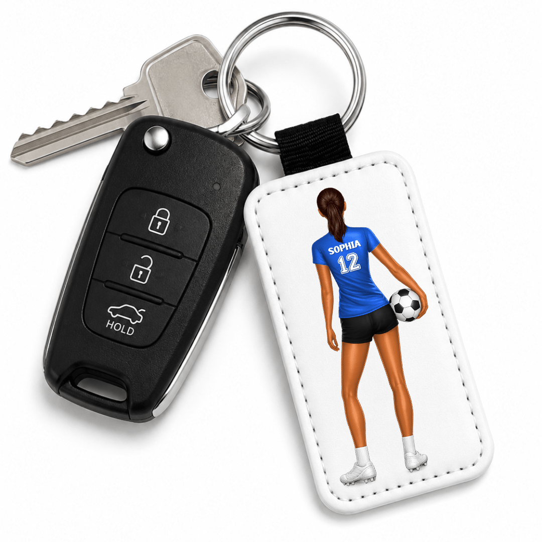 Personalized Soccer Girl Keychain | Custom Soccer Player with Name Number Jersey Color & Hair Style - KWL Creations