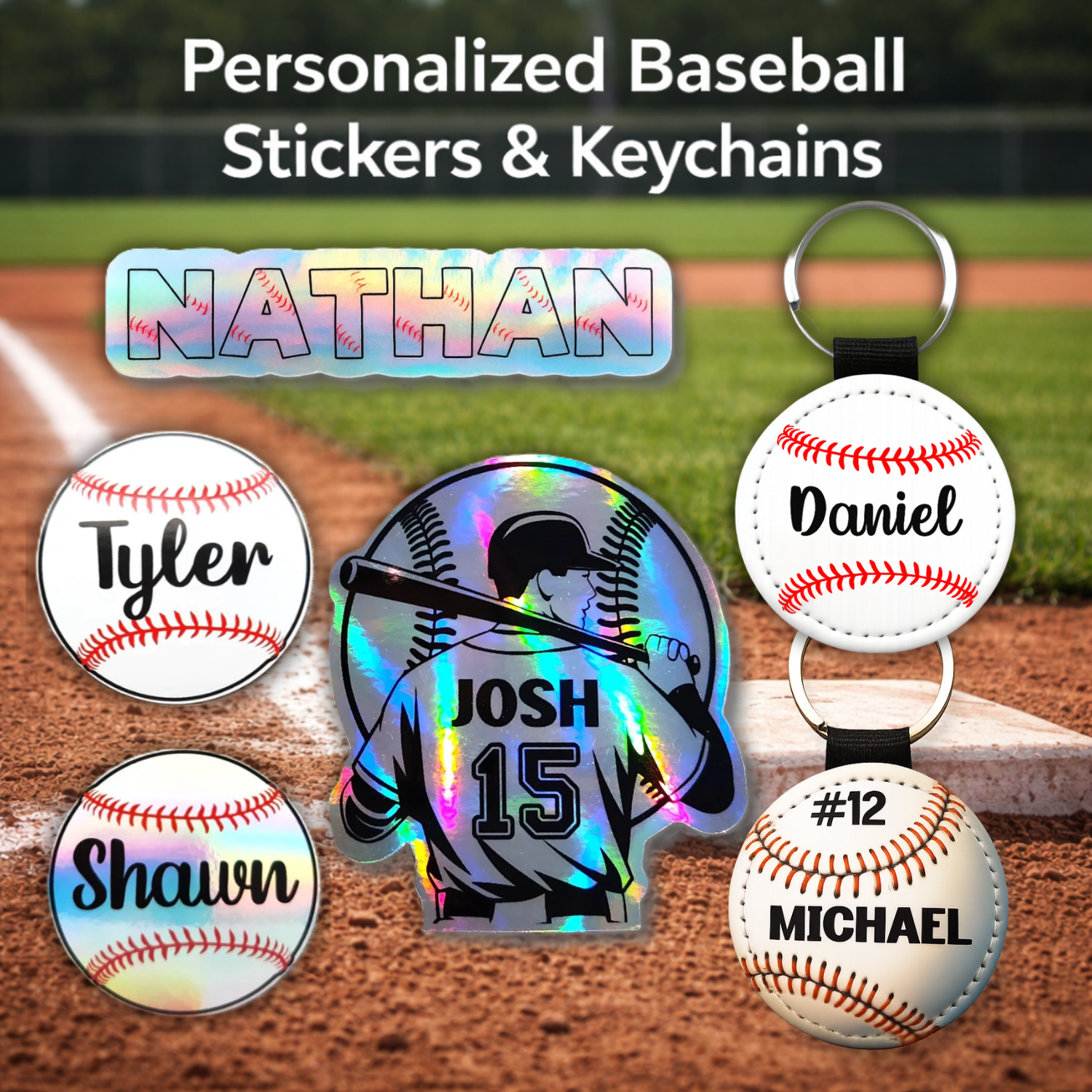 Personalized baseball stickers, baseball keychains, and custom baseball name decals for players and team gifts