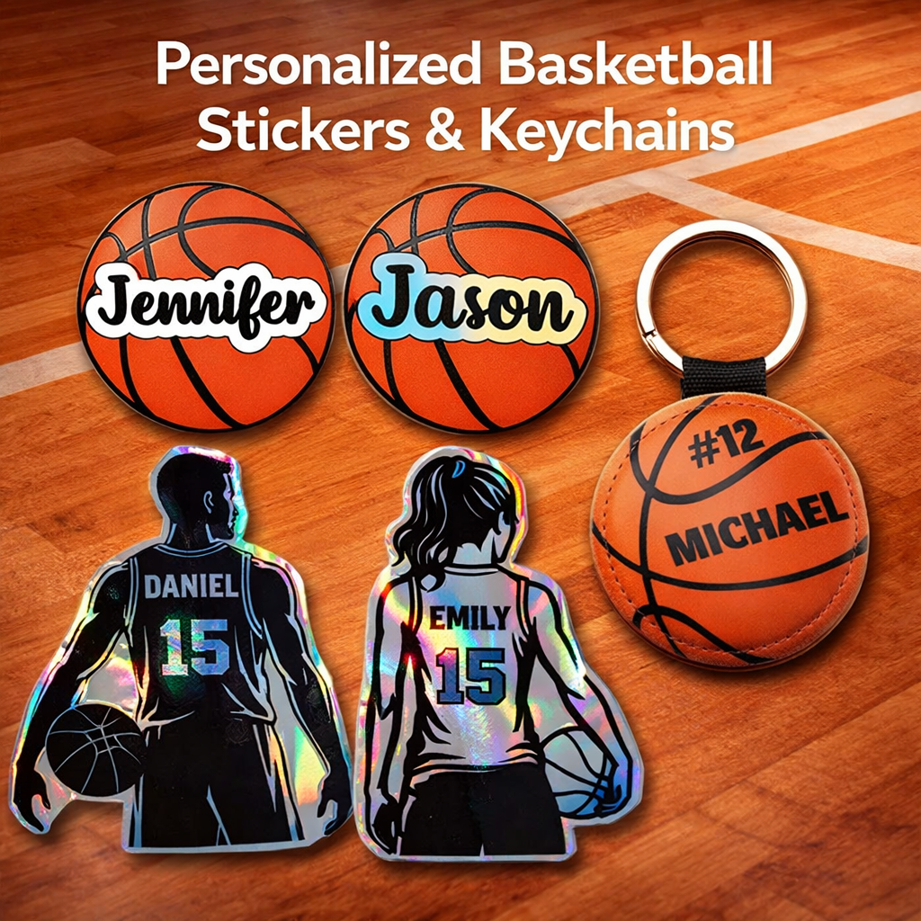 Personalized basketball stickers, basketball keychains, and custom basketball name decals for players and team gifts