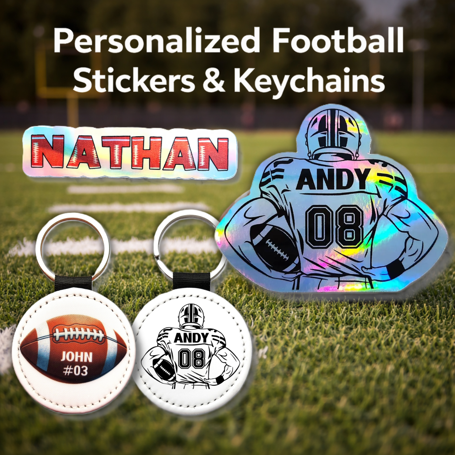 Personalized football stickers, football keychains, and custom football name decals for players and team gifts