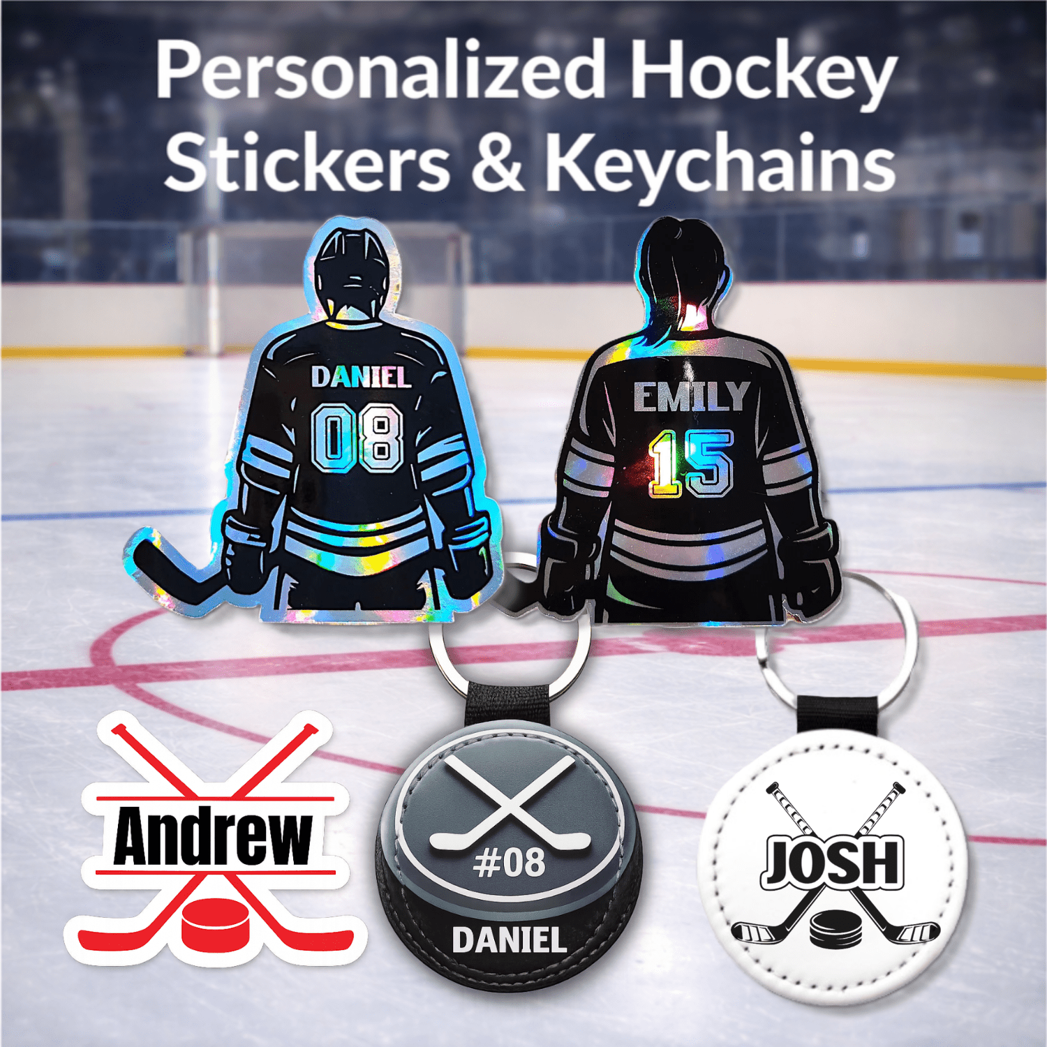 Personalized hockey stickers, hockey keychains, and custom hockey name decals for players and team gifts