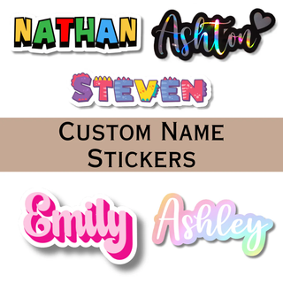 Custom Name Stickers collection banner featuring personalized vinyl name decals in colorful fonts