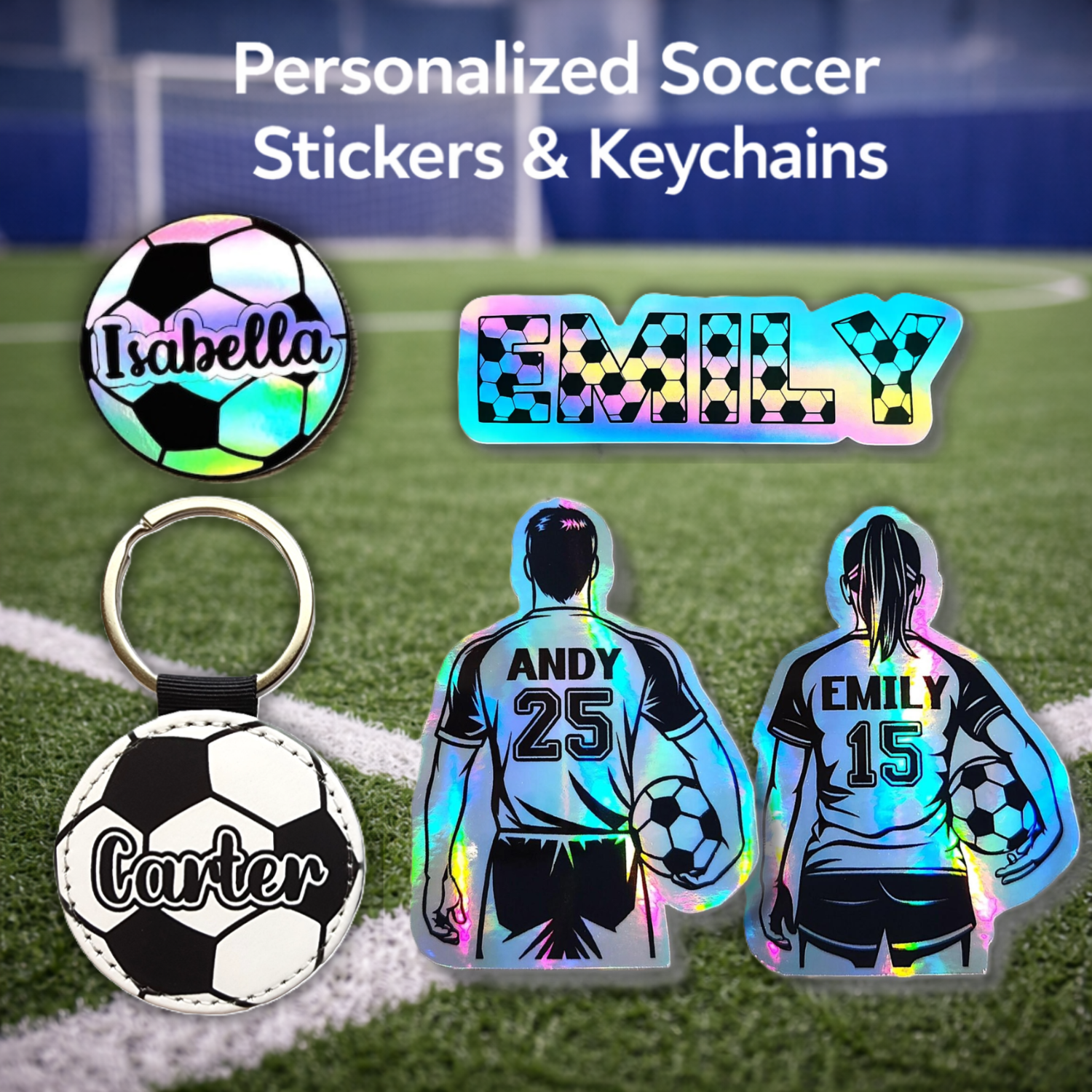 Personalized soccer stickers, soccer keychains, and custom soccer name decals for players and team gifts
