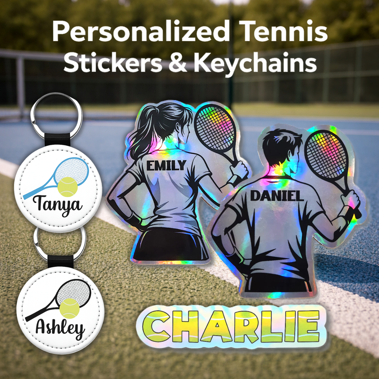Personalized tennis stickers and tennis keychains with custom player names