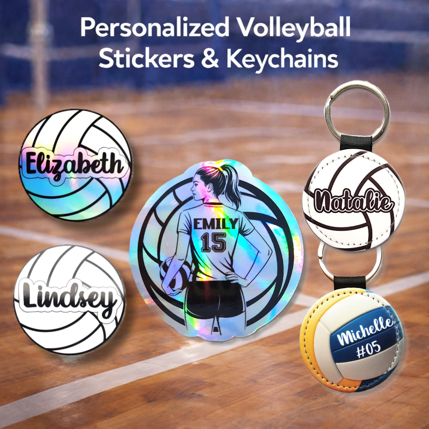 Personalized volleyball stickers, volleyball keychains, and custom volleyball name decals for players and team gifts
