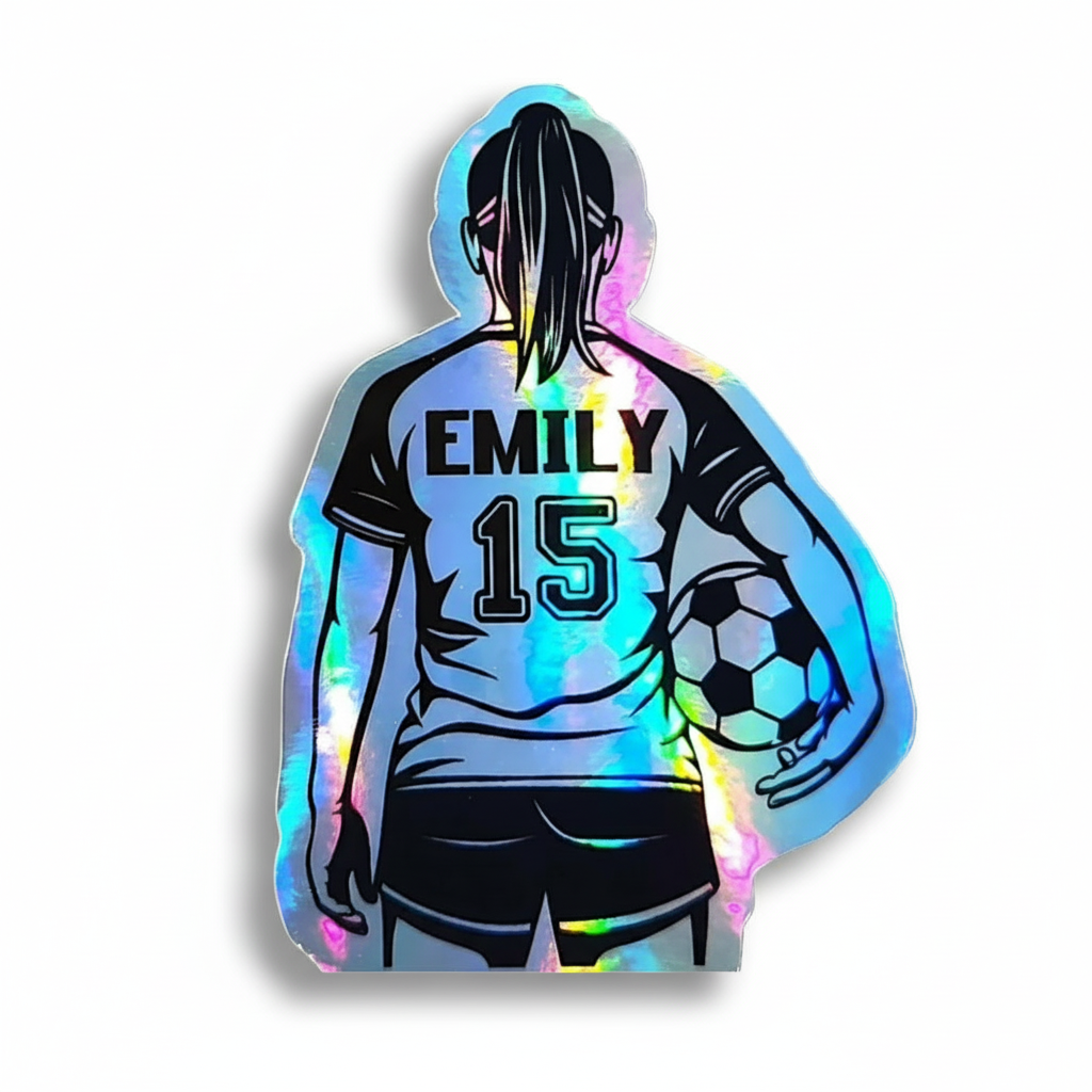 Holographic Girl Soccer Player Sticker: Custom Name & Number Decal