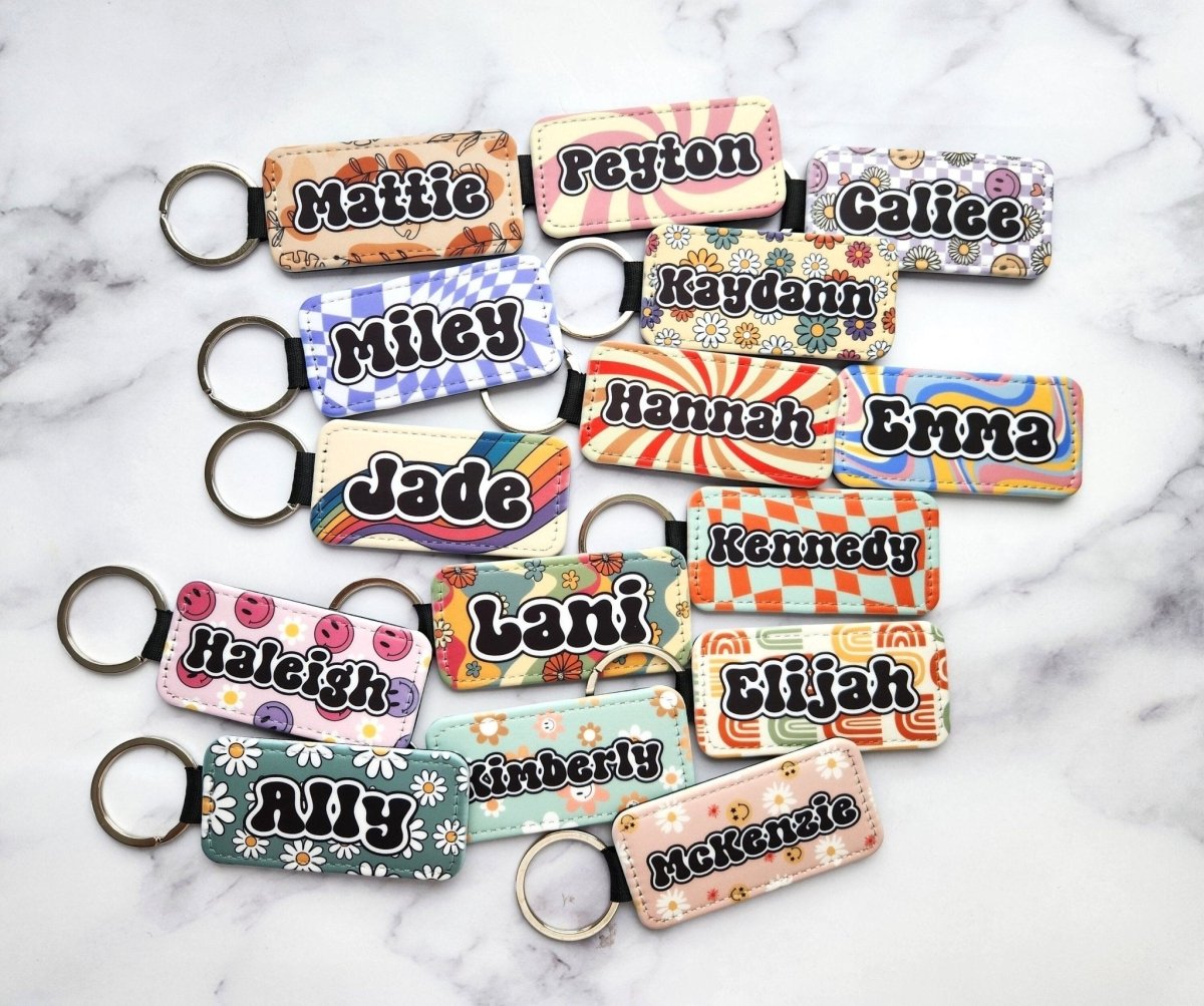 25 Designs Custom Name Retro Groovy Floral Keychain - KWL Creations