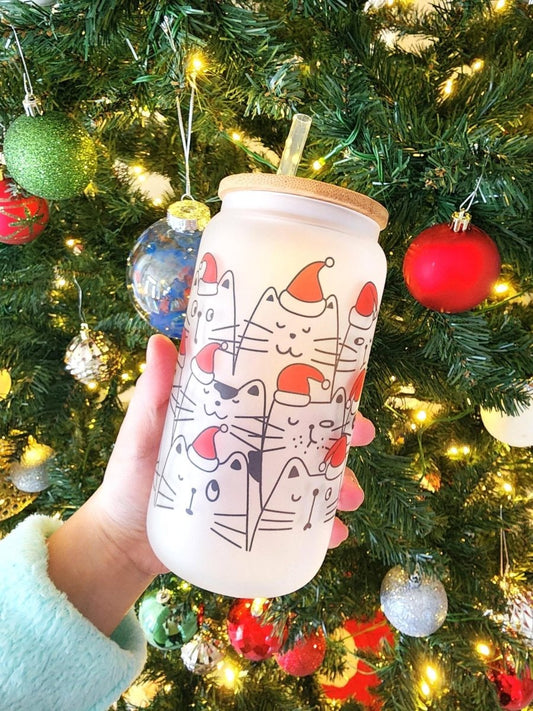 Christmas Cats 16 oz Frosted Glass Can - KWL Creations