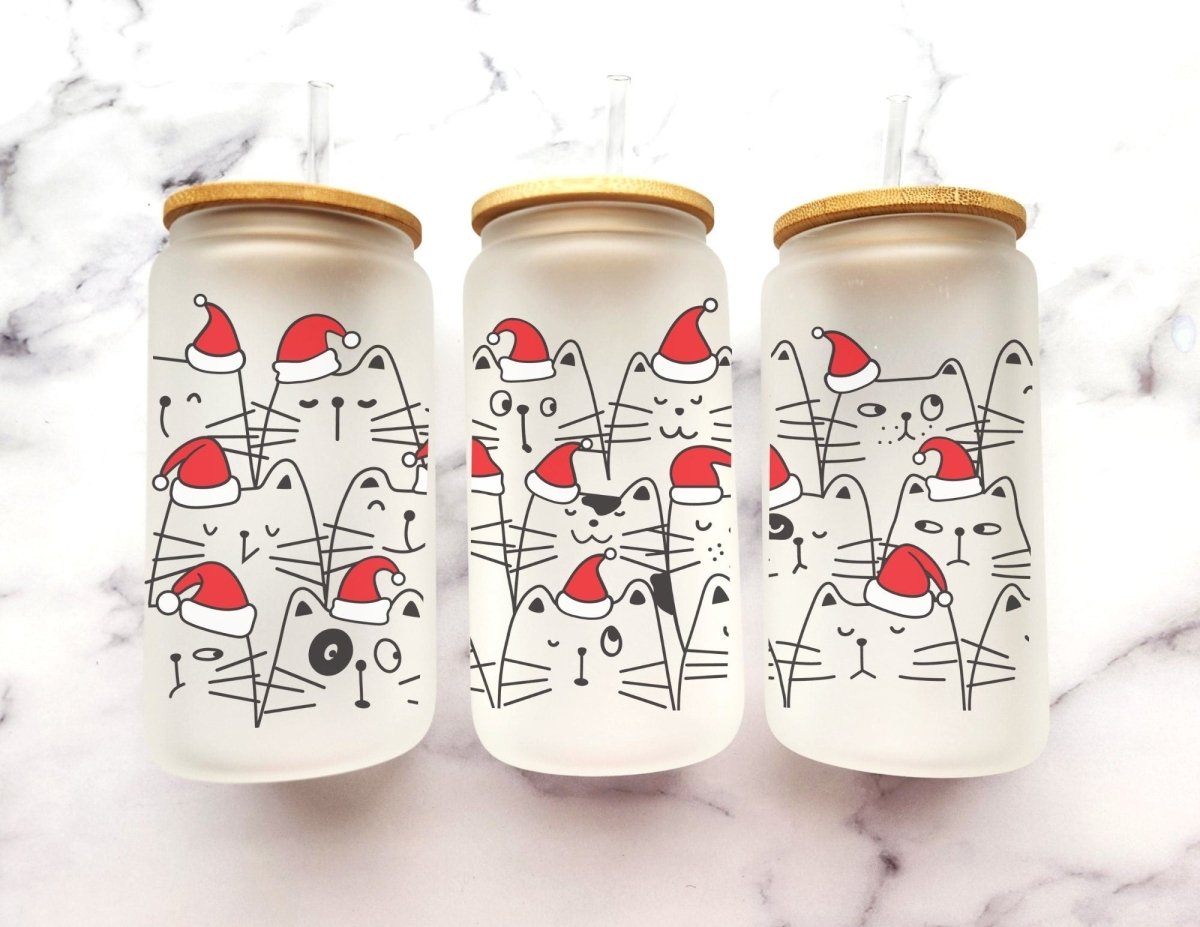 Christmas Cats 16 oz Frosted Glass Can - KWL Creations