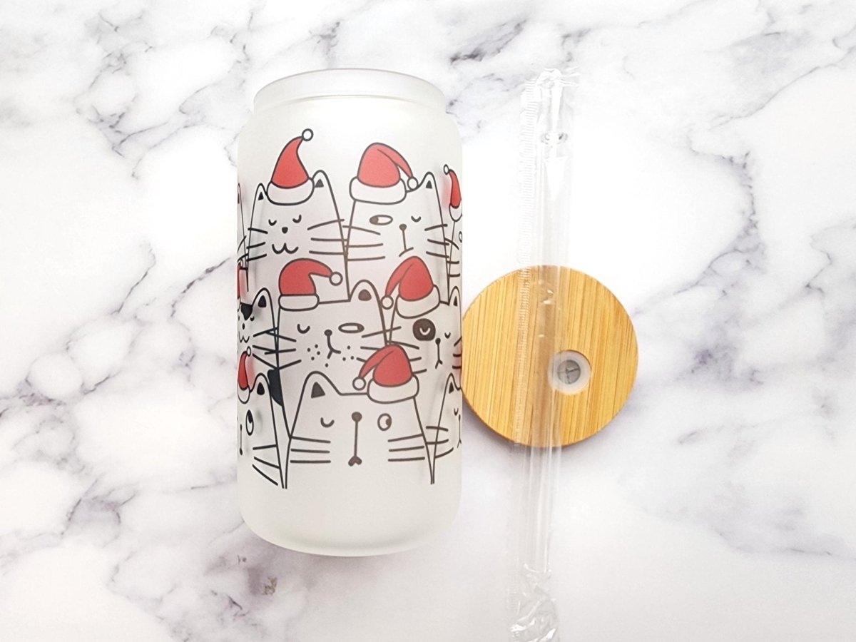 Christmas Cats 16 oz Frosted Glass Can - KWL Creations