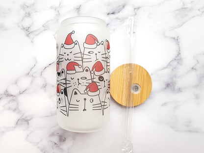 Christmas Cats 16 oz Frosted Glass Can - KWL Creations