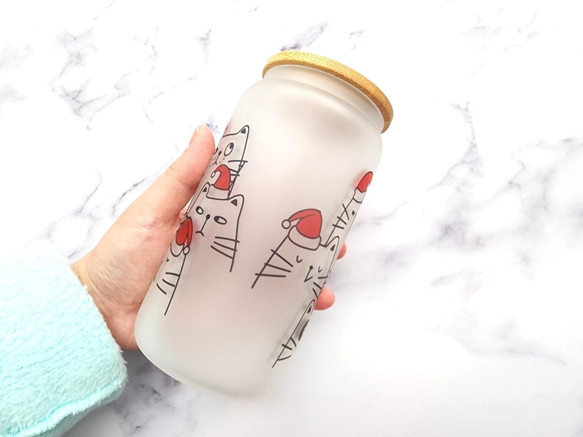 Christmas Cats 16 oz Frosted Glass Can - KWL Creations