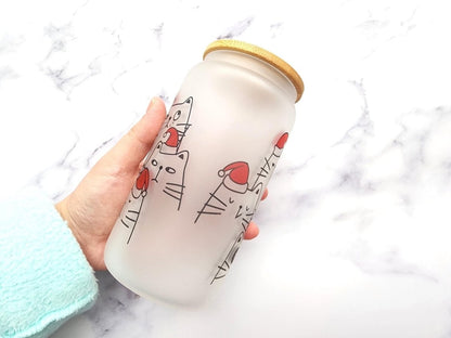 Christmas Cats 16 oz Frosted Glass Can - KWL Creations