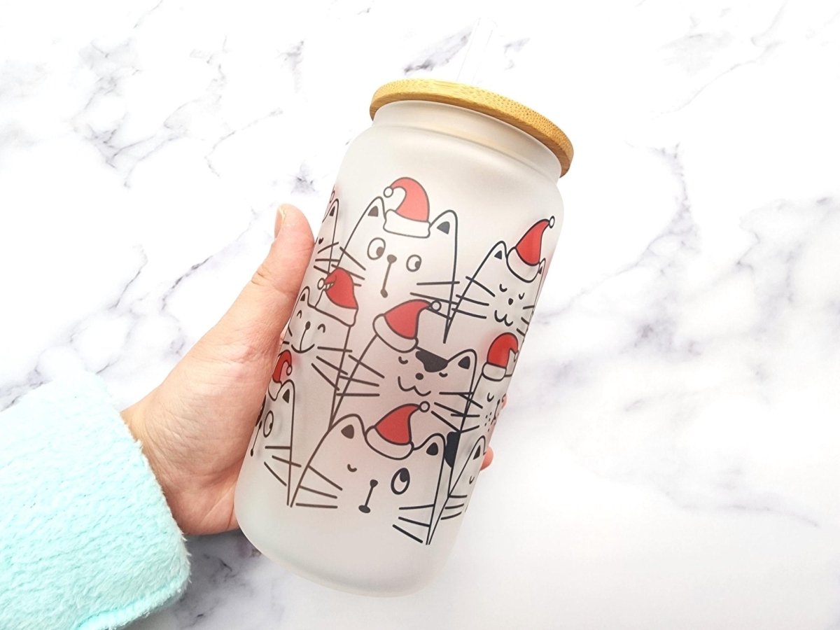 Christmas Cats 16 oz Frosted Glass Can - KWL Creations