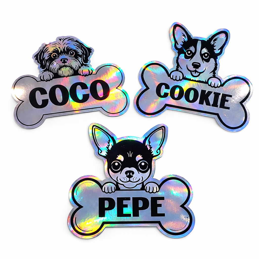 Create a personalized dog name sticker with your pet’s breed and name. Holographic finish, bold design, perfect gift for dog lovers.