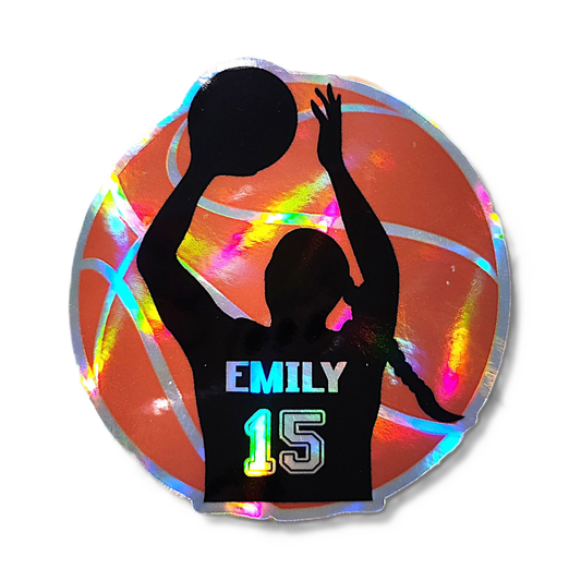 Custom Holographic Girl Basketball Sticker – Personalized Name & Jersey Number - KWL Creations