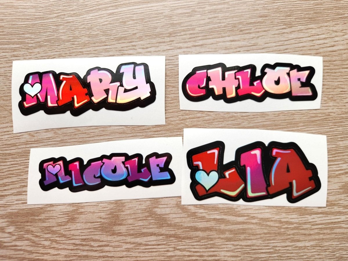Custom Holographic Graffiti Name Sticker: Pink Heart Font - KWL Creations
