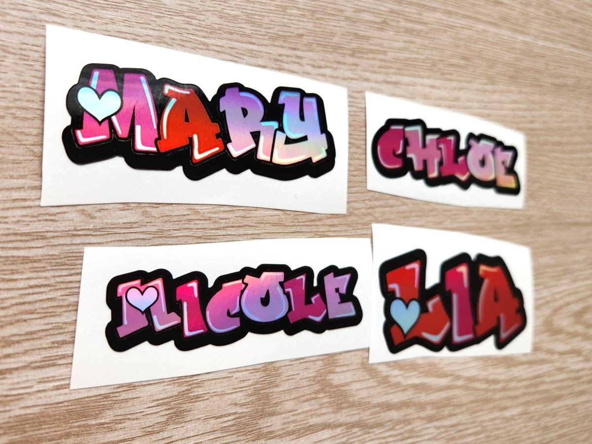 Custom Holographic Graffiti Name Sticker: Pink Heart Font - KWL Creations