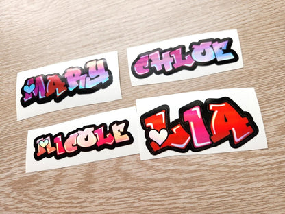 Custom Holographic Graffiti Name Sticker: Pink Heart Font - KWL Creations