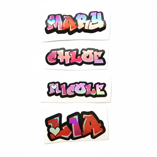 Custom Holographic Graffiti Name Sticker: Pink Heart Font - KWL Creations
