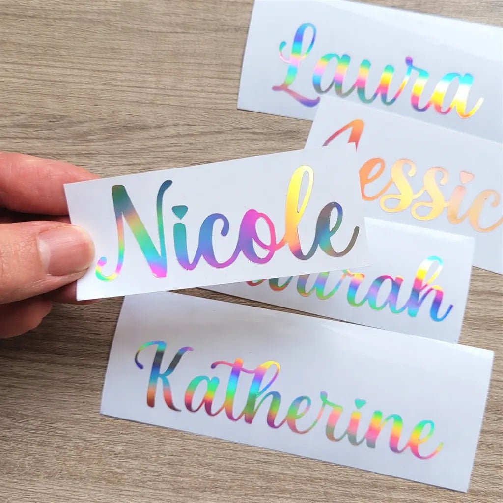 personalized holographic name sticker cursive script vinyl