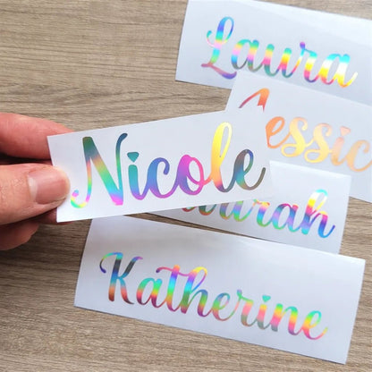 personalized holographic name sticker cursive script vinyl