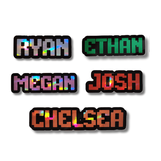 Custom Holographic Pixel Name Sticker, Retro Gaming Style Sticker - KWL Creations