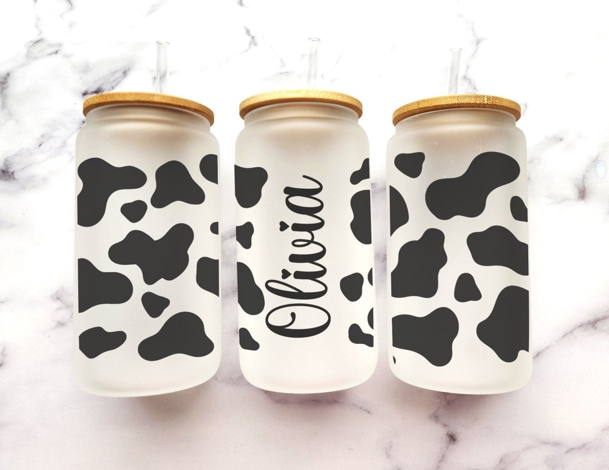 Custom Name Cow Print Glass Can - KWL Creations