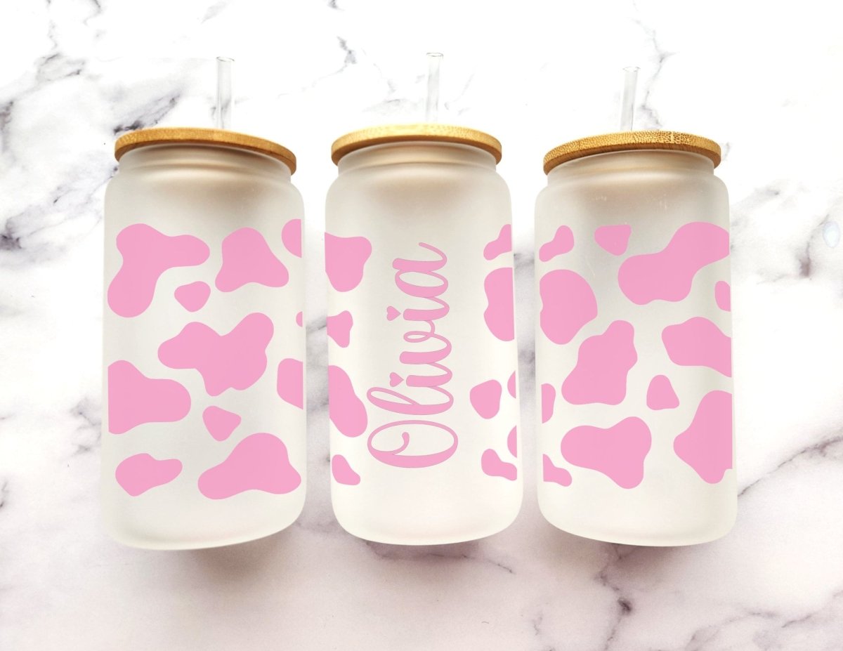 Custom Name Cow Print Glass Can - KWL Creations