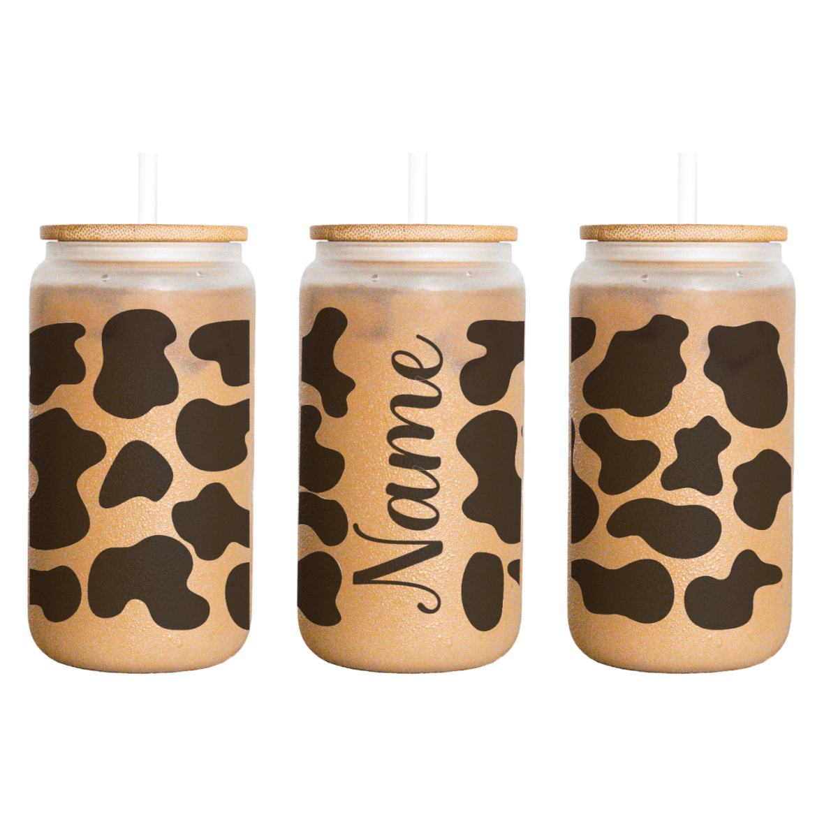 Custom Name Cow Print Glass Can - KWL Creations