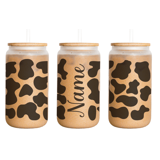 Custom Name Cow Print Glass Can - KWL Creations