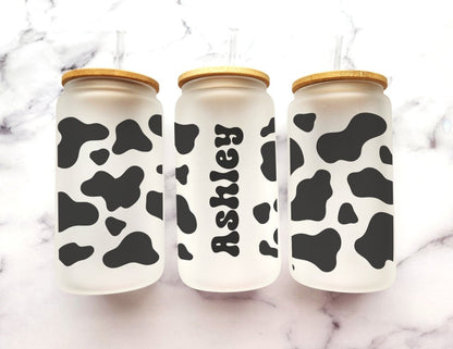 Custom Name Cow Print Glass Can - KWL Creations