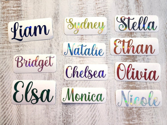 Custom Name Decal in Solid or Holographic Multi Color, Cursive Font - KWL Creations
