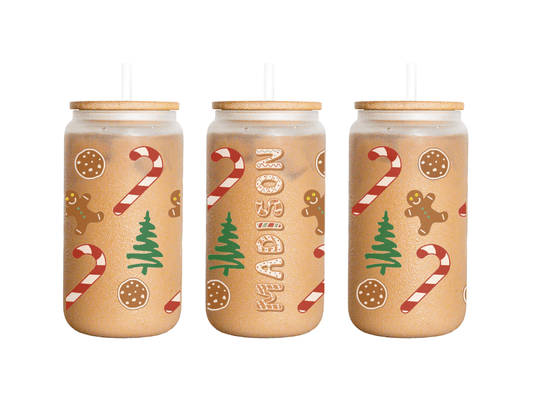Custom Name Gingerbread Man Christmas Holiday 16 Oz Frosted Glass Can - KWL Creations