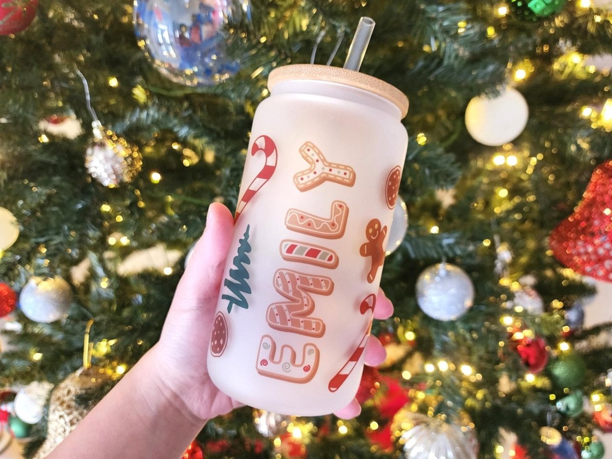 Custom Name Gingerbread Man Christmas Holiday 16 Oz Frosted Glass Can - KWL Creations