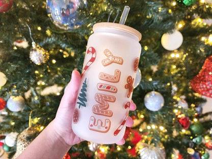 Custom Name Gingerbread Man Christmas Holiday 16 Oz Frosted Glass Can - KWL Creations