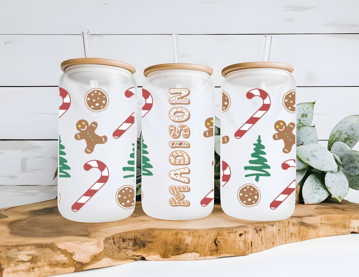 Custom Name Gingerbread Man Christmas Holiday 16 Oz Frosted Glass Can - KWL Creations