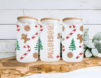 Custom Name Gingerbread Man Christmas Holiday 16 Oz Frosted Glass Can - KWL Creations
