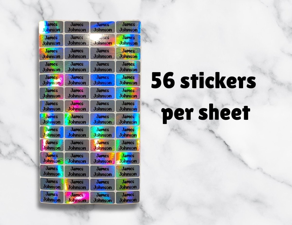 Custom Name Holographic Sticker Sheets – 56 Labels per Sheet. Multi Fonts - KWL Creations