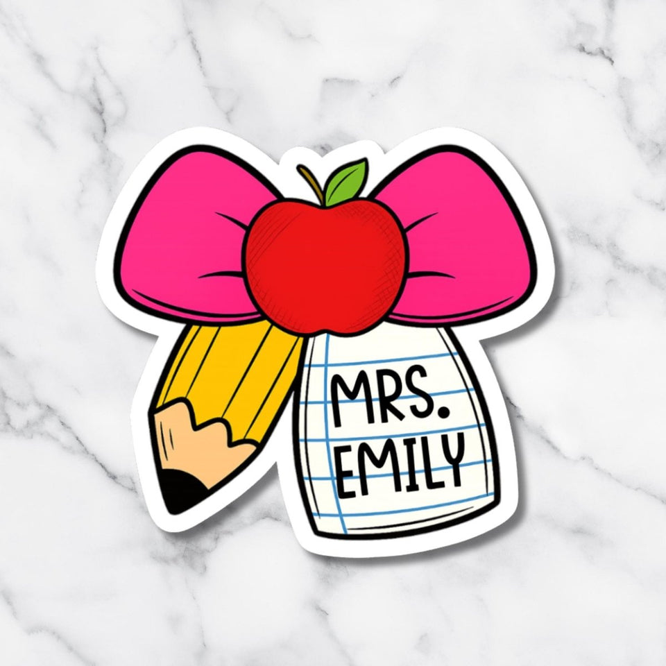 Custom Name Teacher Sticker – Apple Pencil Bow Design - KWL Creations