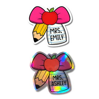 Custom Name Teacher Sticker – Apple Pencil Bow Design - KWL Creations