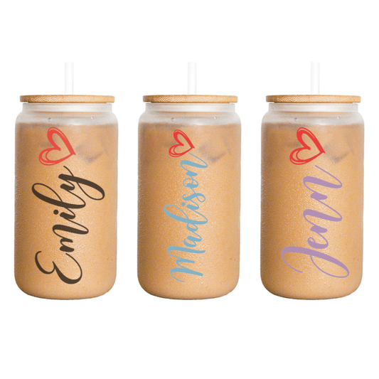 Custom Name with Doodle Heart 16 oz Frosted Glass Can - KWL Creations