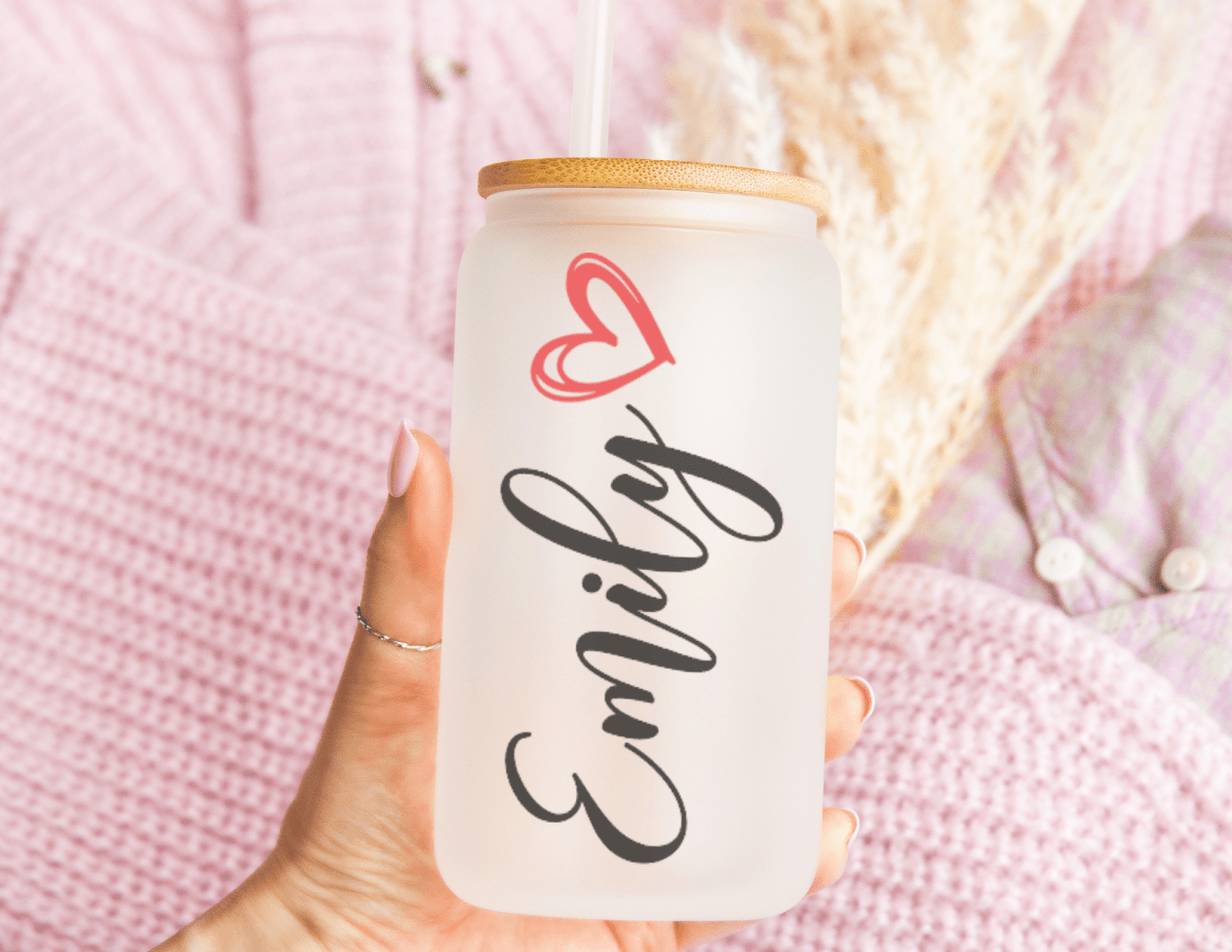 Custom Name with Doodle Heart 16 oz Frosted Glass Can - KWL Creations