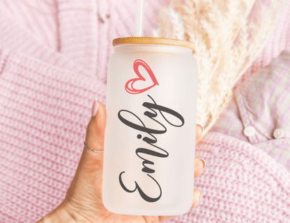 Custom Name with Doodle Heart 16 oz Frosted Glass Can - KWL Creations