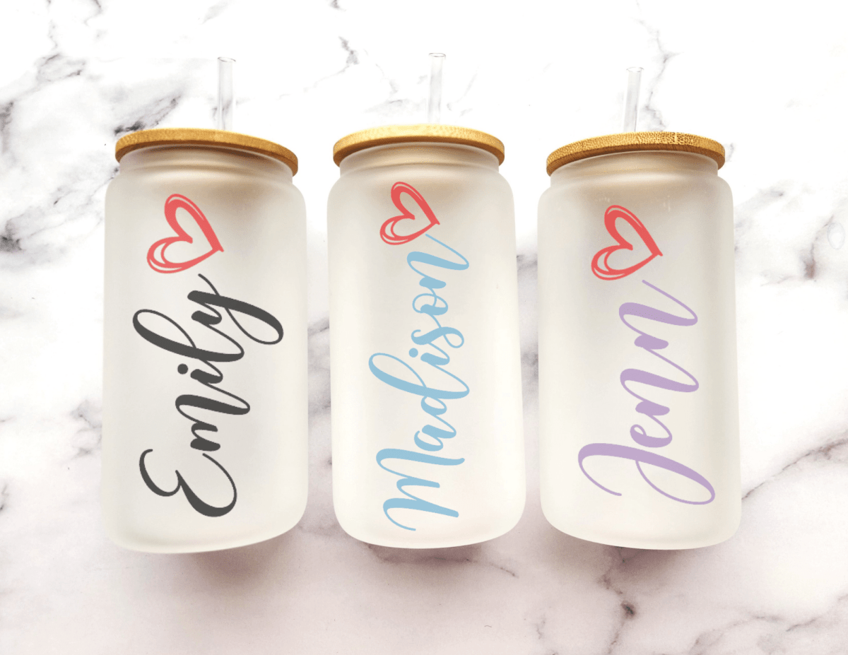 Custom Name with Doodle Heart 16 oz Frosted Glass Can - KWL Creations