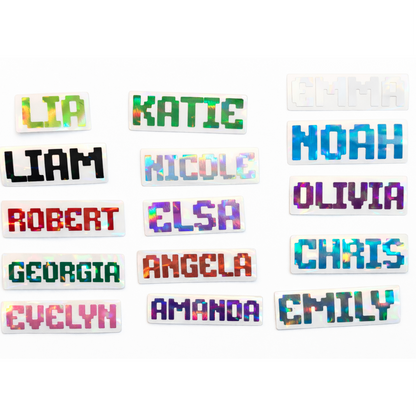 custom holographic name stickers in multiple colors displayed on white background