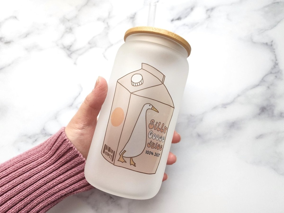 Custom Silly Goose Juice Frosted Glass Can: Retro Iced Coffee Cup - KWL Creations